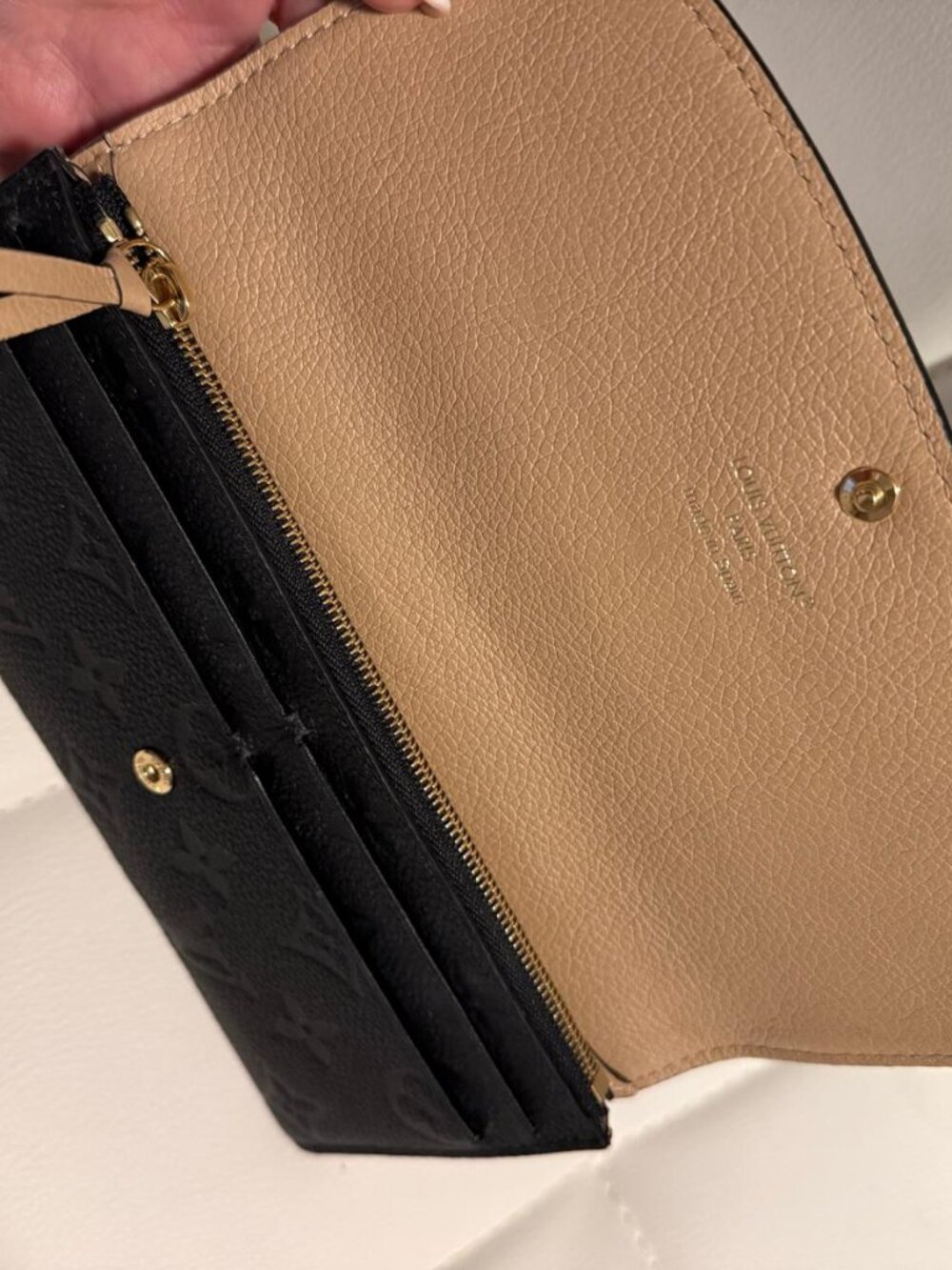 Louis Vuitton Emilie Wallet Monogram Empreinte Noir Black Beige Long Flap